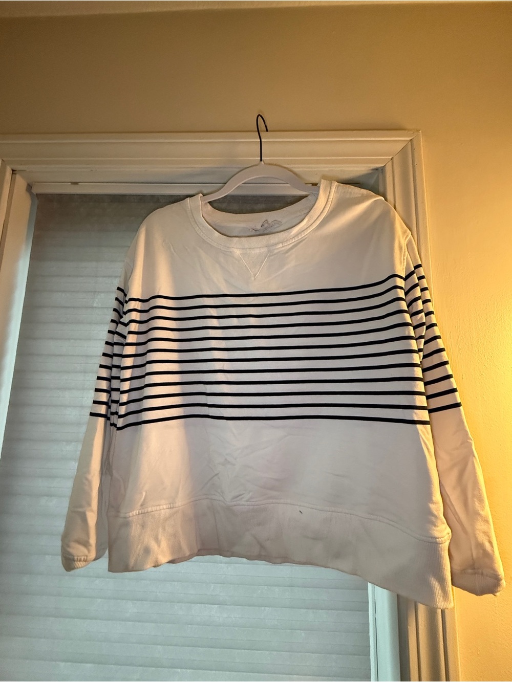 White Crewneck Sweater with Navy Stripes